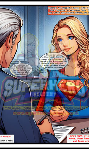 Supergirl interviewed in police station – AI Comic Panel